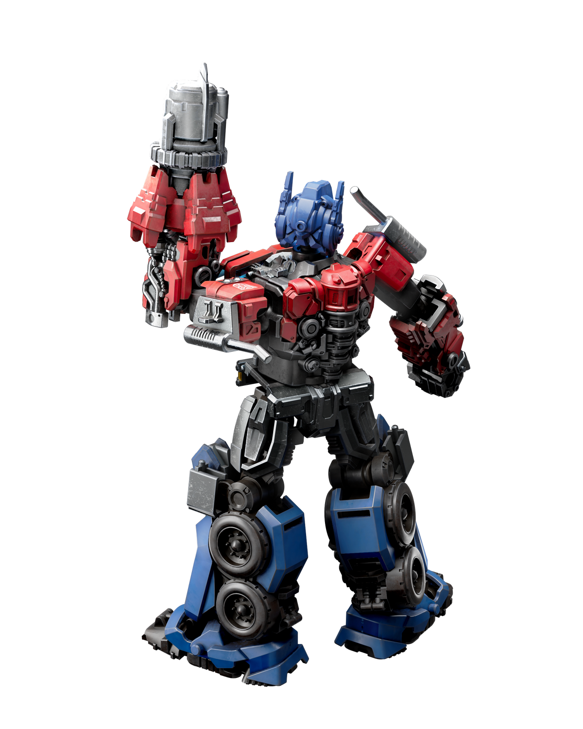 Un robot azul y rojo con un arma plateada sobre fondo negro.