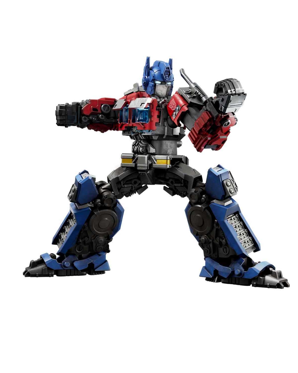 Un robot azul y rojo, Optimus Prime, se para con los brazos extendidos sobre un fondo negro.