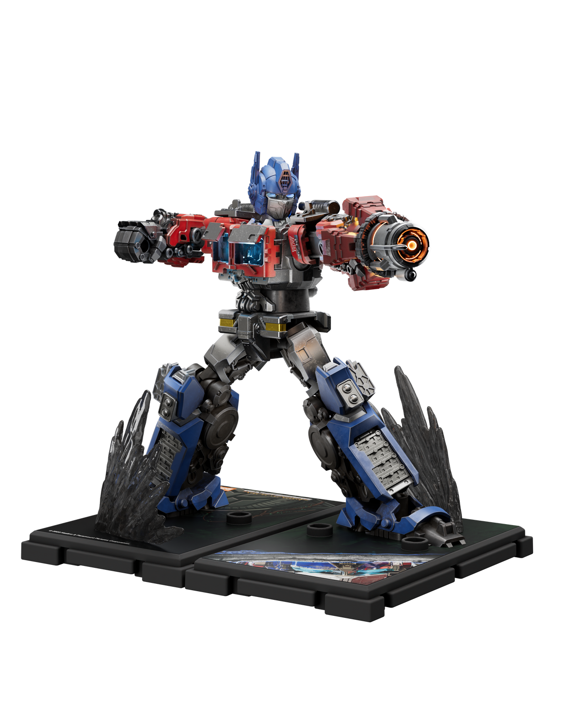 Figura de Optimus Prime con detalles rojos y azules sobre una base negra.