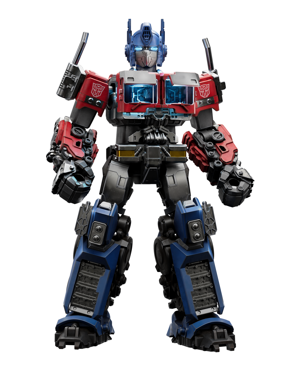 Un transformer azul y rojo con ventanas azules brillantes en el pecho.
