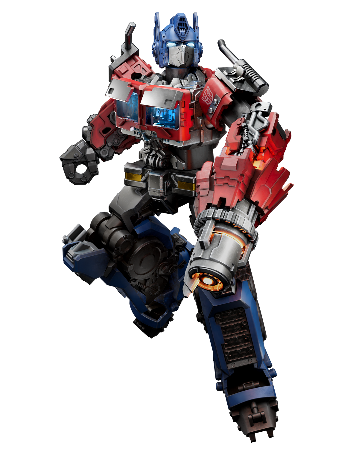 Robot Optimus Prime en rojo, azul y gris, con detalles brillantes en el pecho.