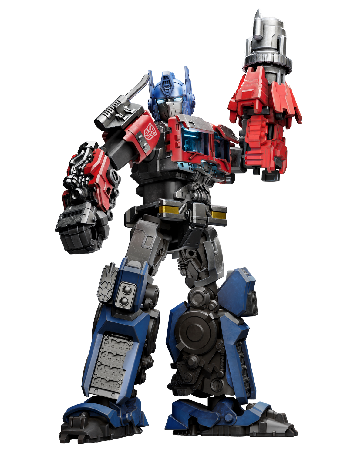 Optimus Prime, un robot con cabeza azul, pecho rojo y piernas azules, sostiene un arma roja y plateada.