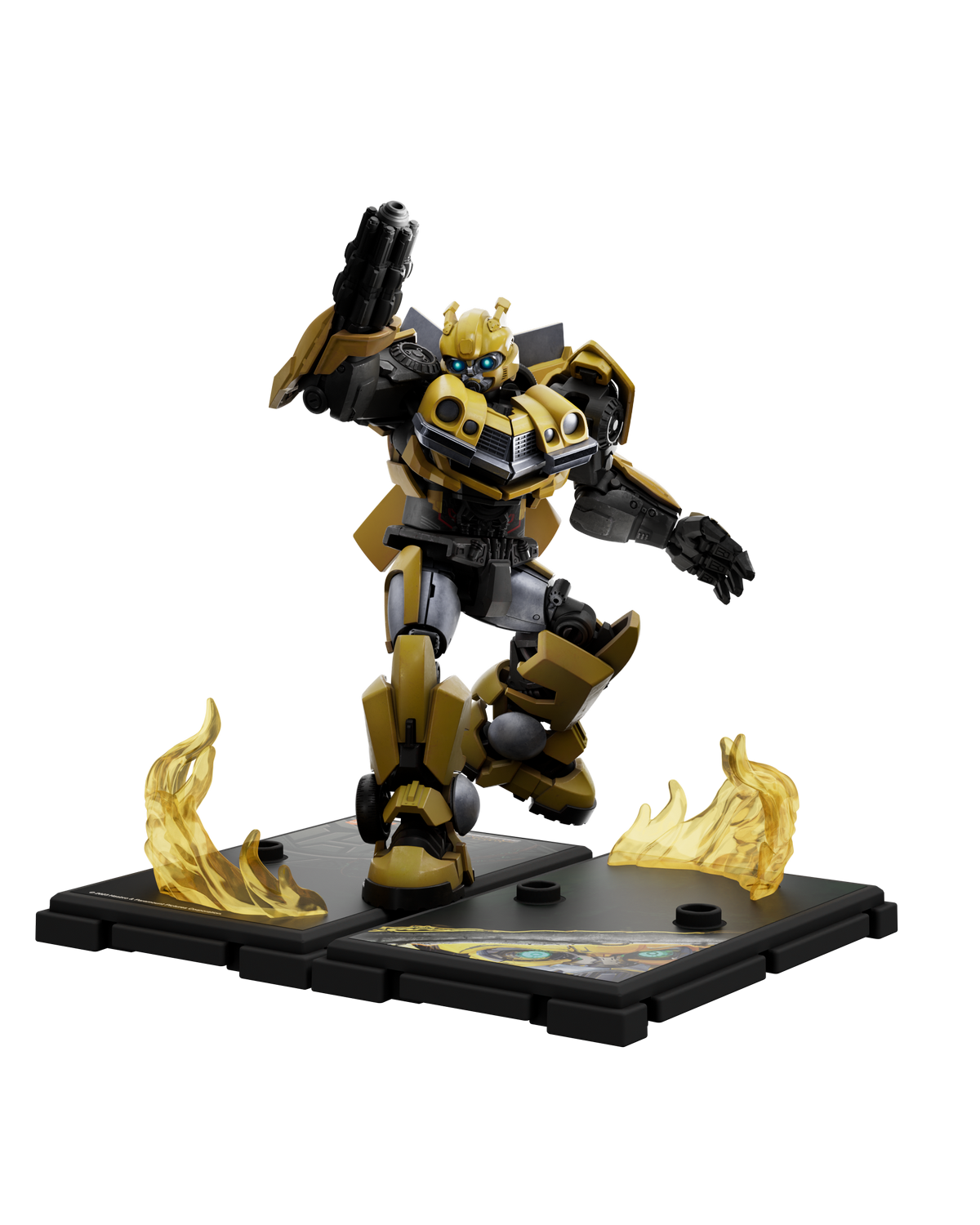 Robot amarillo con arma sobre base negra con efectos de llama.