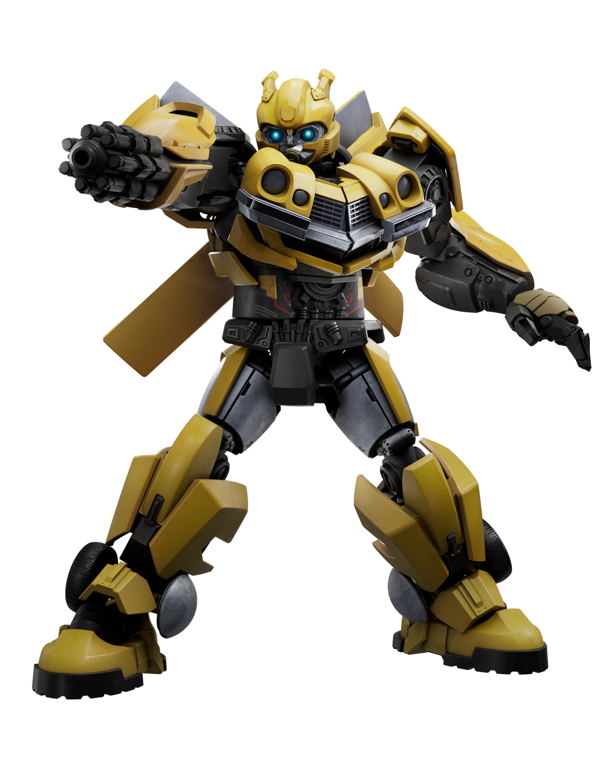 Un robot Transformer amarillo con ojos azules sostiene un arma.