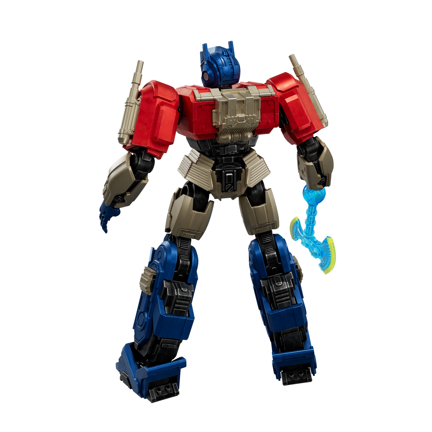 Un robot de juguete en rojo, azul y dorado, sosteniendo un hacha azul.