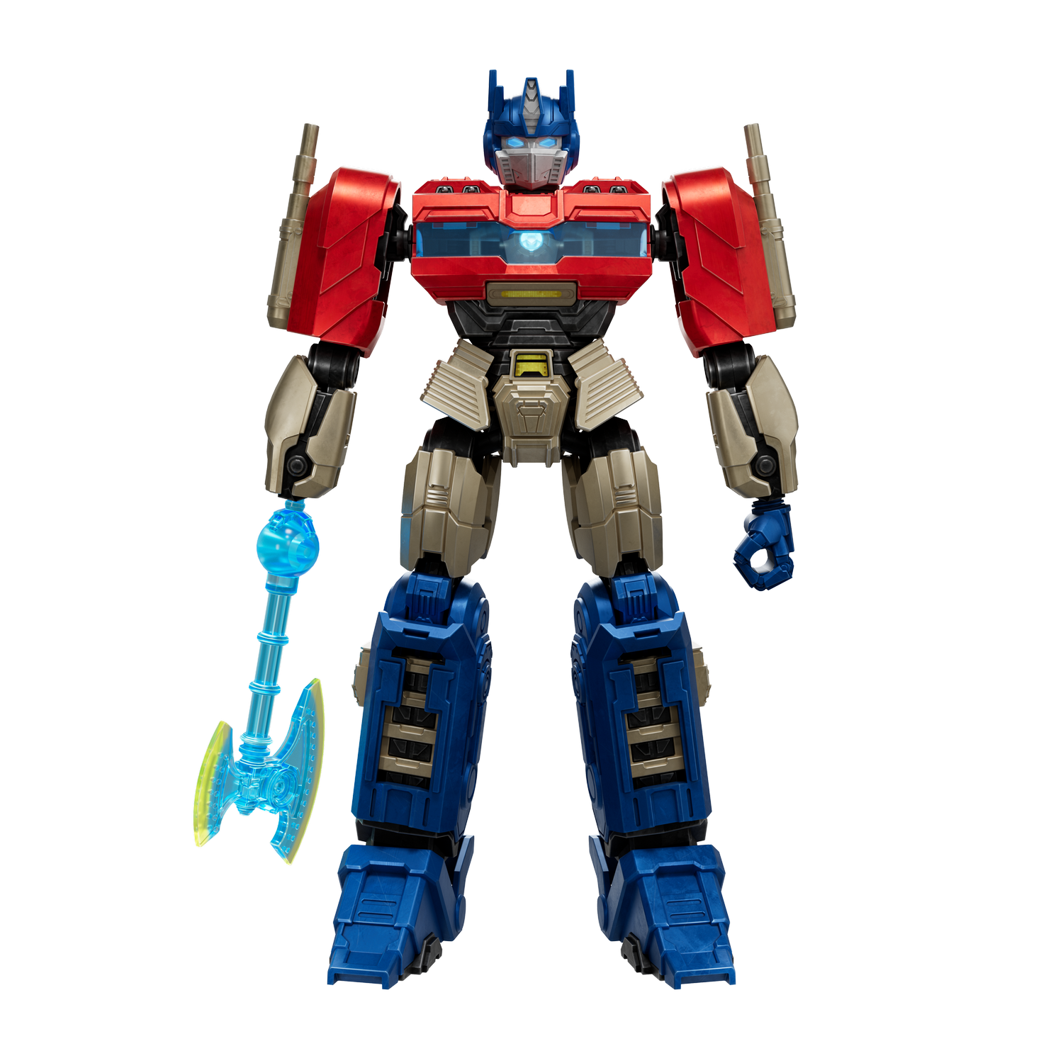 Un robot azul y rojo con un hacha azul sobre fondo negro.