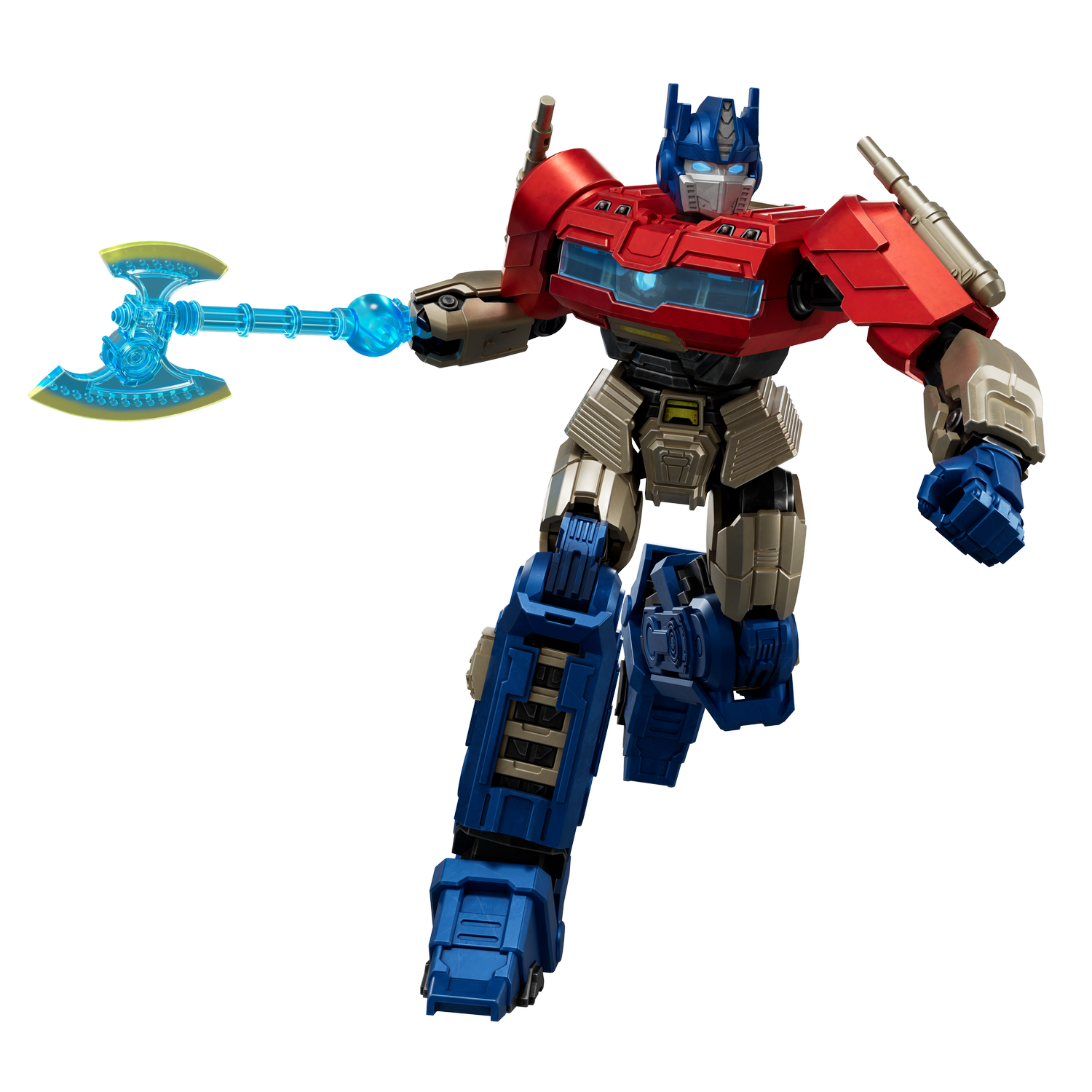 Optimus Prime sostiene un hacha azul brillante con detalles amarillos. Es rojo, azul y dorado.