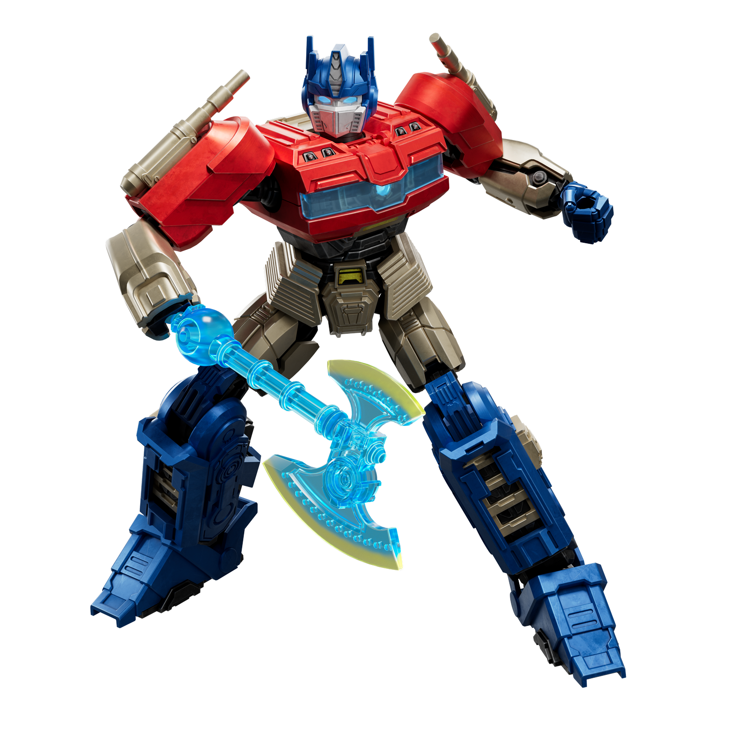 Un juguete de Optimus Prime sostiene un hacha azul sobre fondo negro.