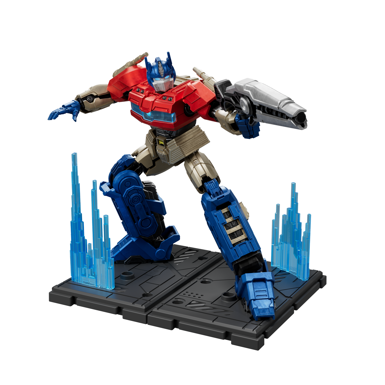 Robot rojo y azul con pistola plateada sobre base negra con fragmentos de hielo azul.