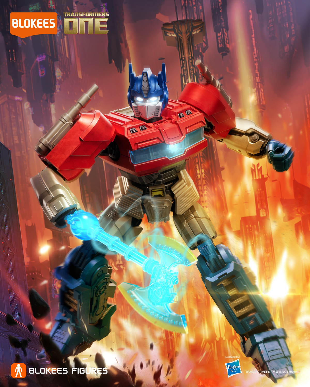 Optimus Prime está de pie con un hacha brillante en una ciudad futurista.