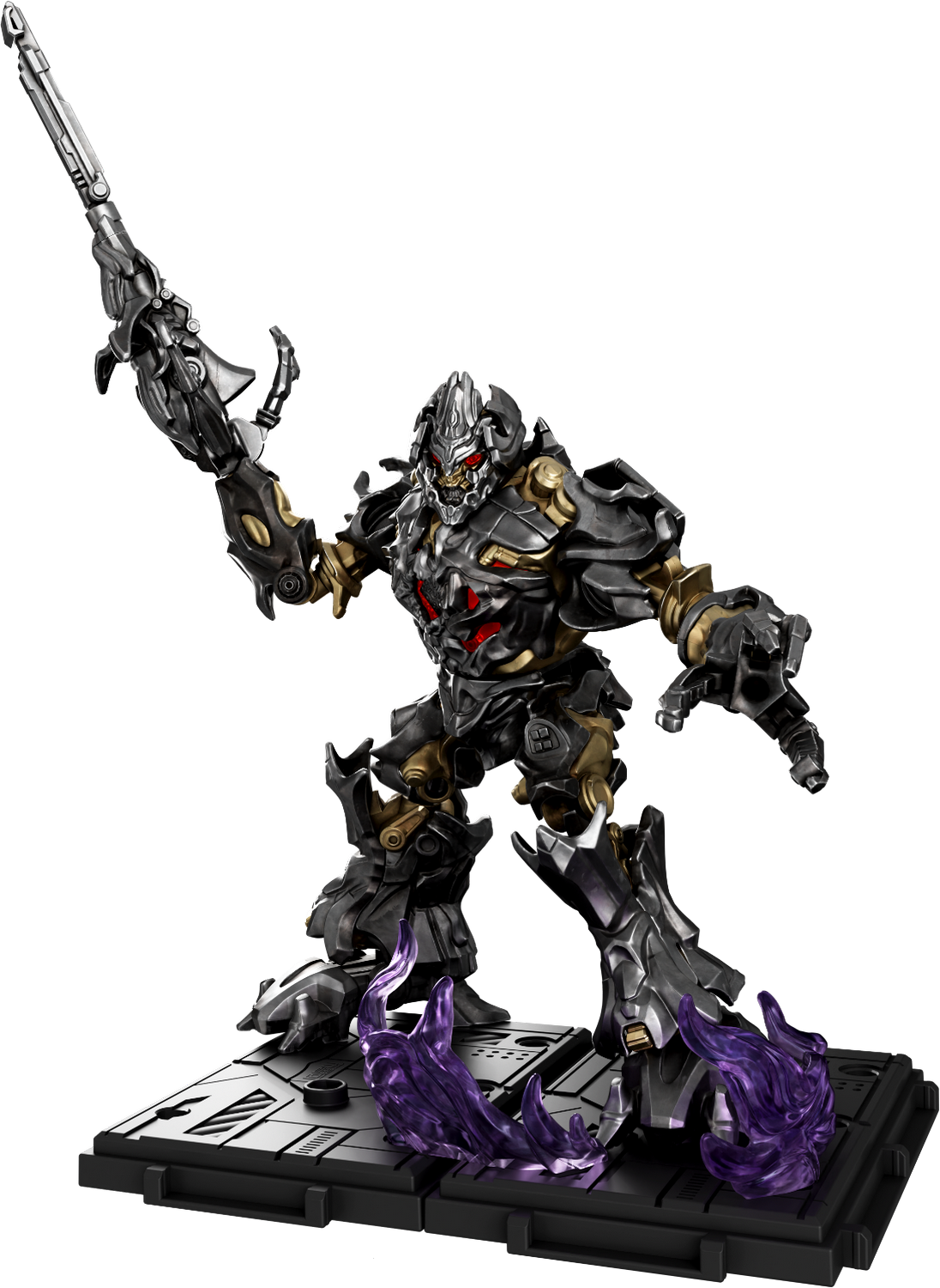 Figura de Megatron con arma sobre fondo negro, llamas púrpuras en la base.