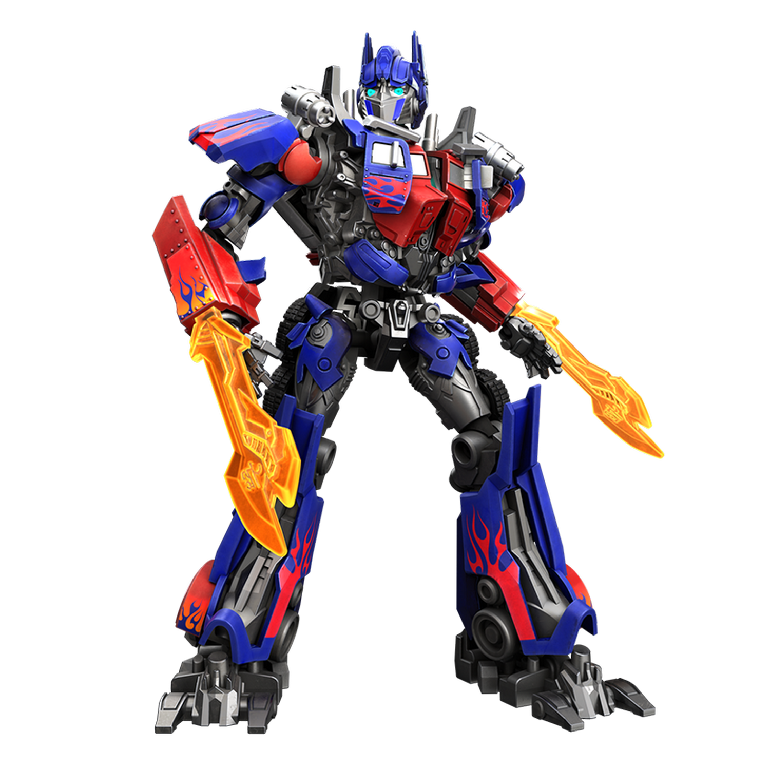 Optimus Prime en forma completa con partes de armadura rojas y azules y cuchillas de energía naranjas.