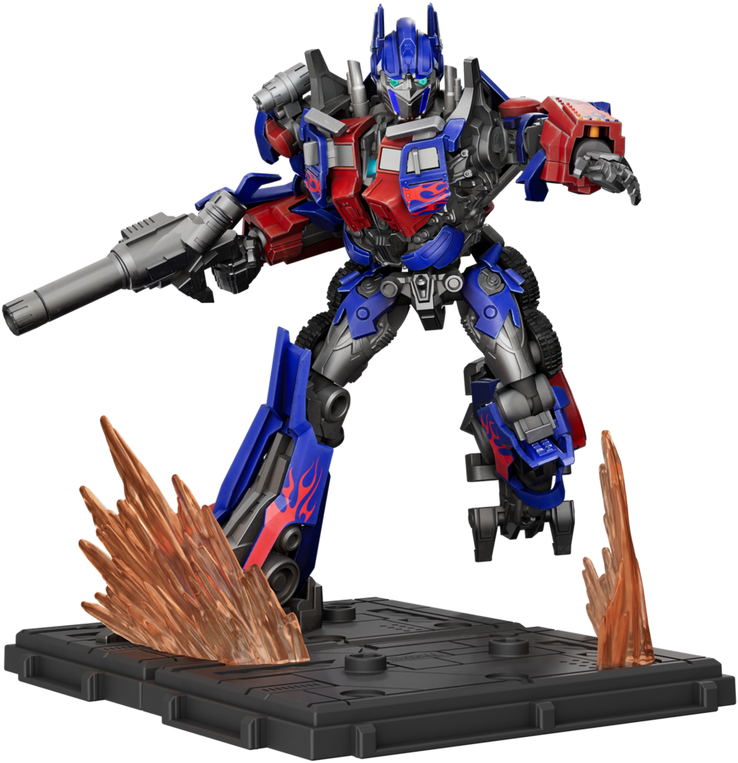 Figura de Optimus Prime en azul, rojo y plateado, sosteniendo un arma, sobre base negra con efectos de llamas naranjas.