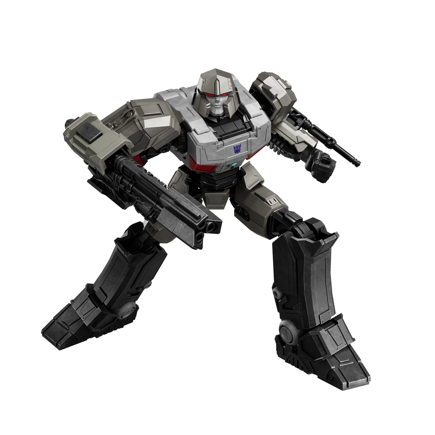 Robot gris con ojos rojos y armas sostiene dos pistolas, sobre fondo negro.