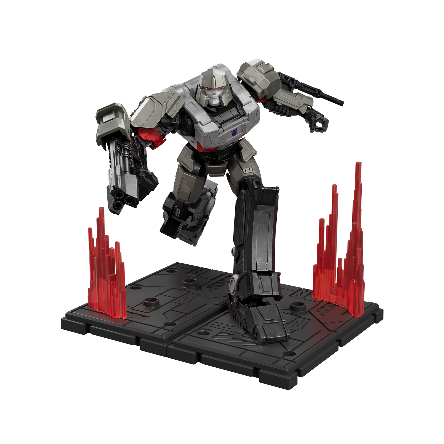 Un Megatron plateado con ojos rojos y armas en una base negra con cristales rojos.