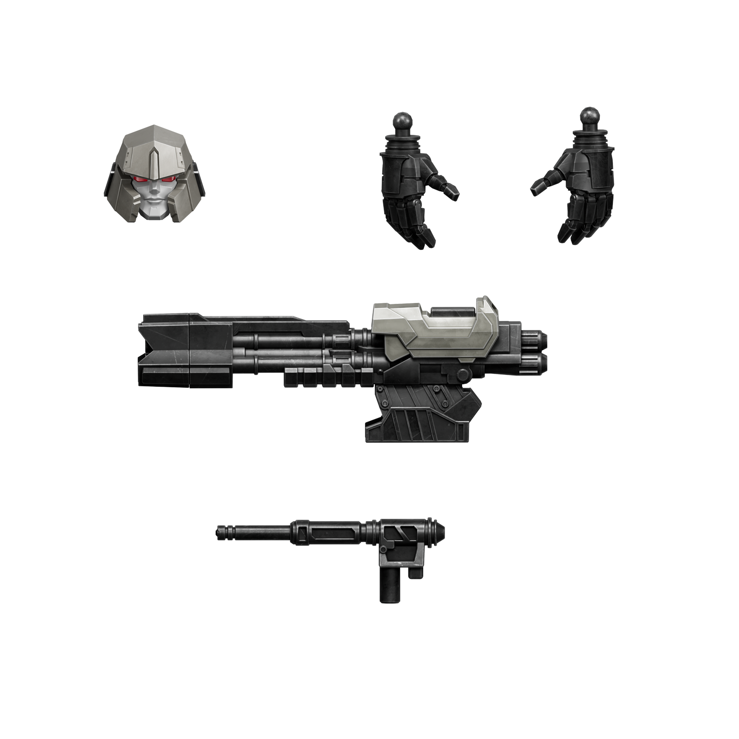 Cabeza gris de robot con ojos rojos, dos manos negras, un arma grande y un rifle más pequeño.