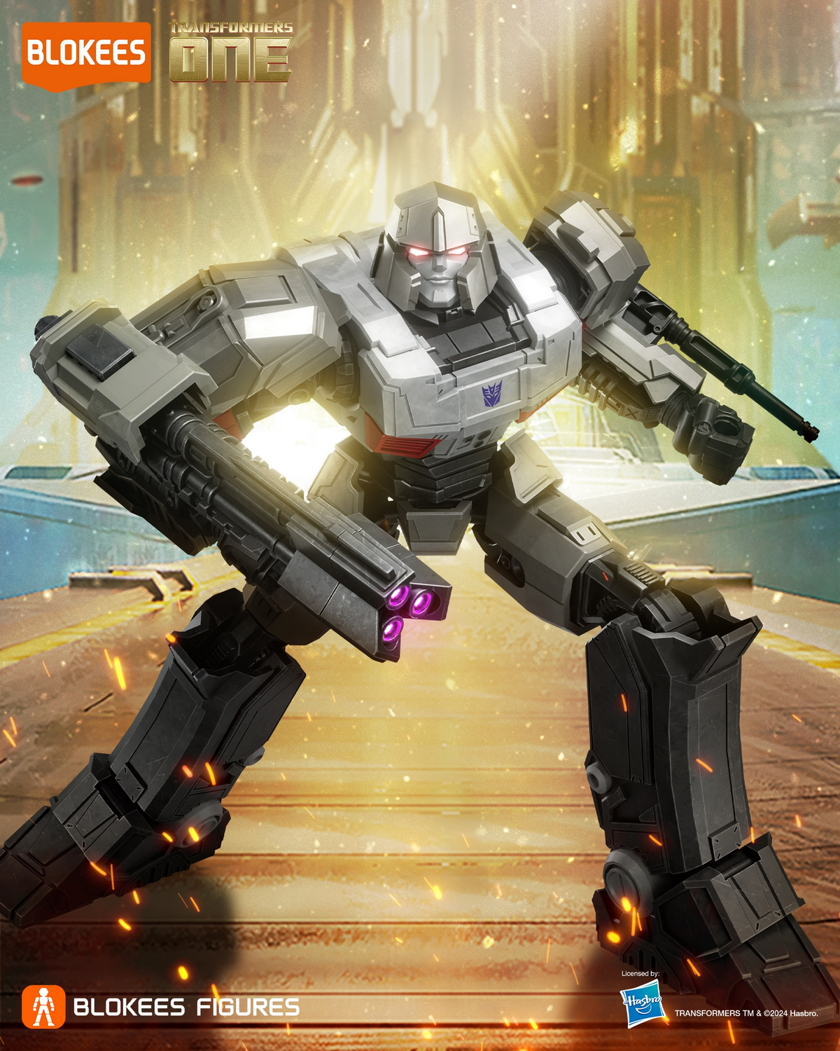 Figura de Megatron con ojos rojos brillantes y ráfagas púrpuras, fondo futurista.