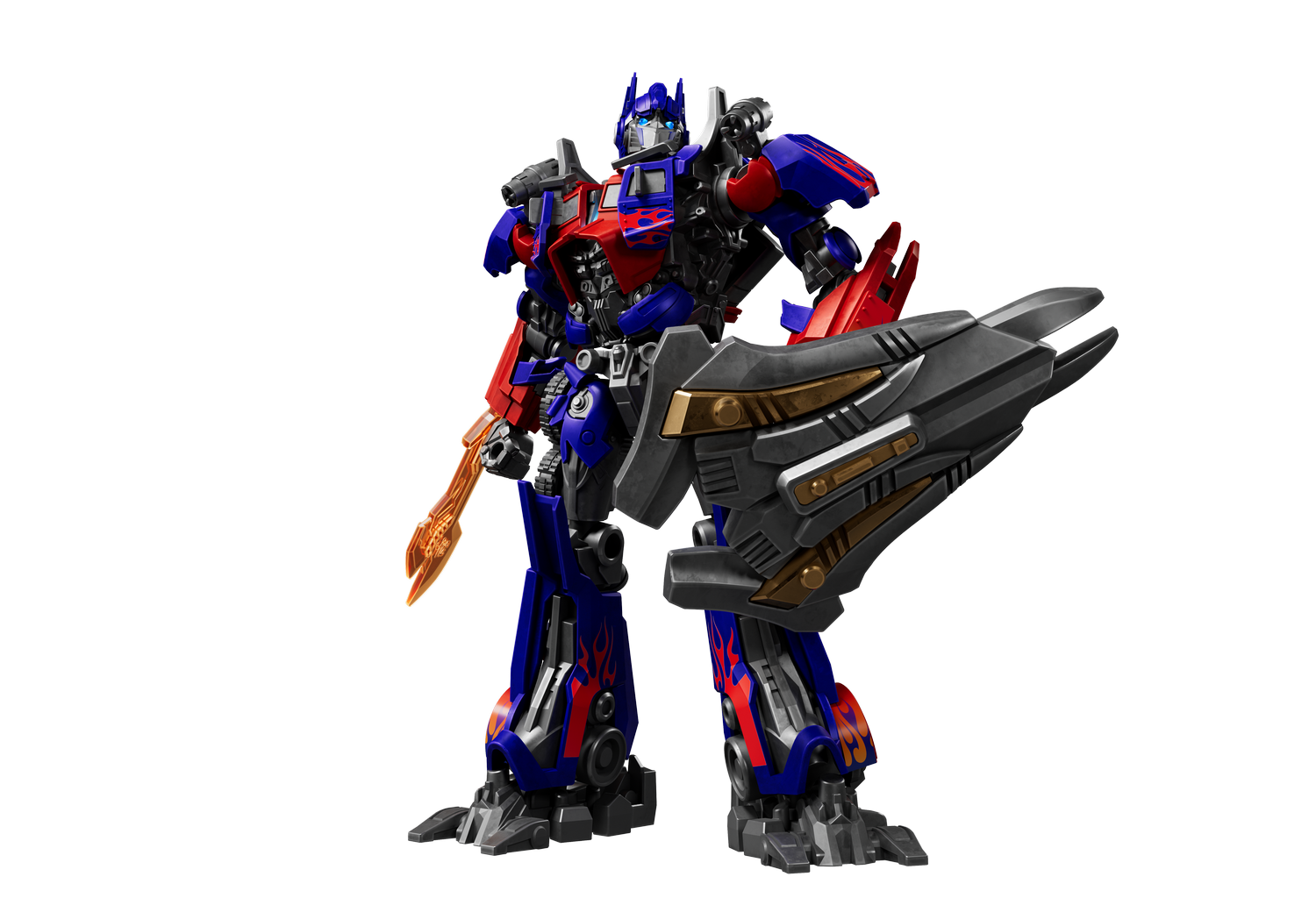 Optimus Prime con escudo y espada, armadura rojo-azul con llamas.