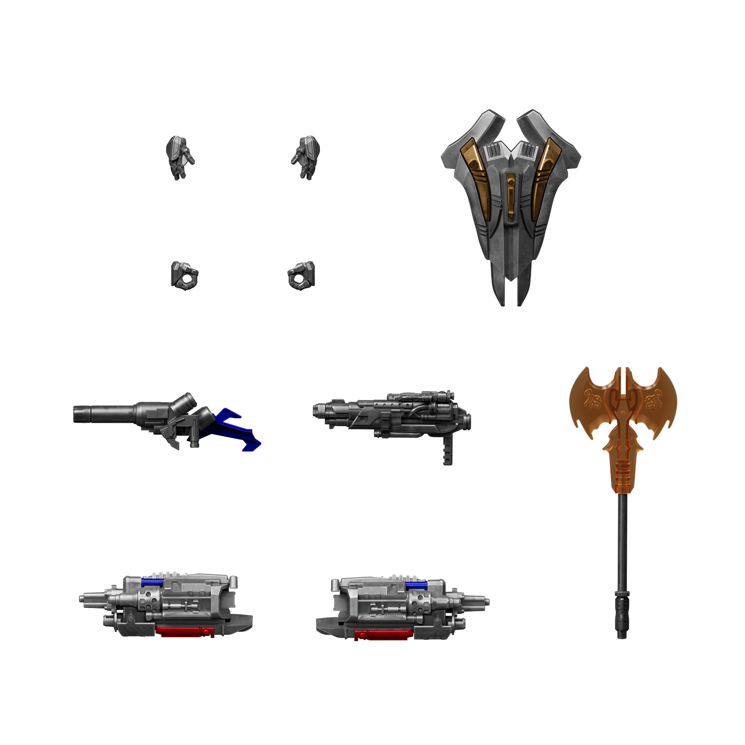 Colección de accesorios futuristas para robots: manos, escudo, pistolas y hacha.