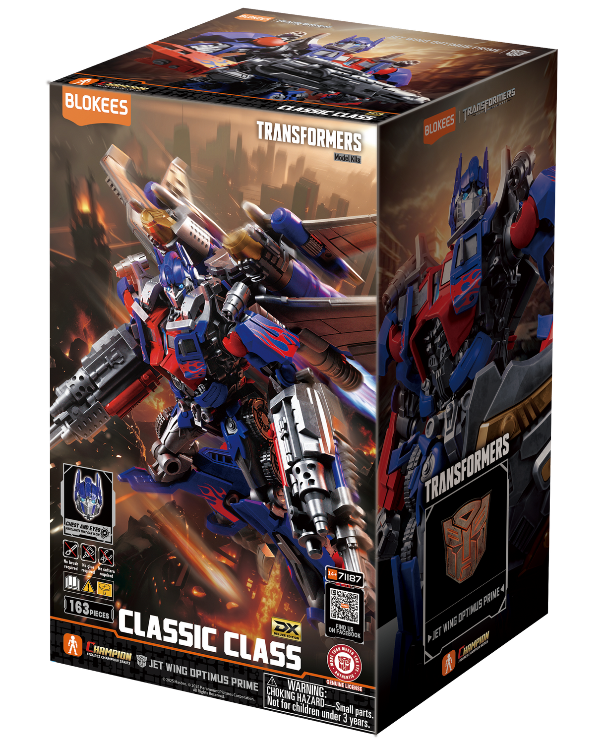 Embalaje de un kit de modelo Jet Wing Optimus Prime con representación detallada de la figura.