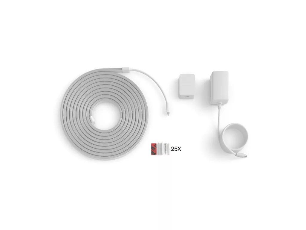Una tira de luz LED blanca con adaptador de corriente y clips.