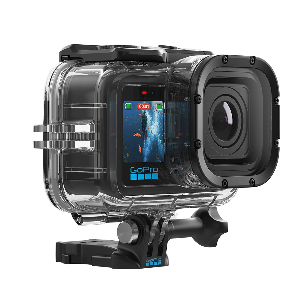Una cámara GoPro impermeable con una captura submarina en su pantalla.