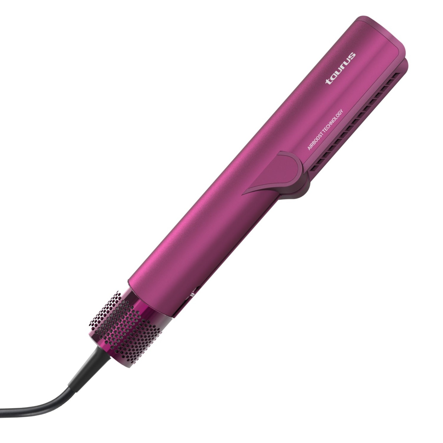 Un secador de pelo magenta con "taurus" y "AIRBOOST TECHNOLOGY".