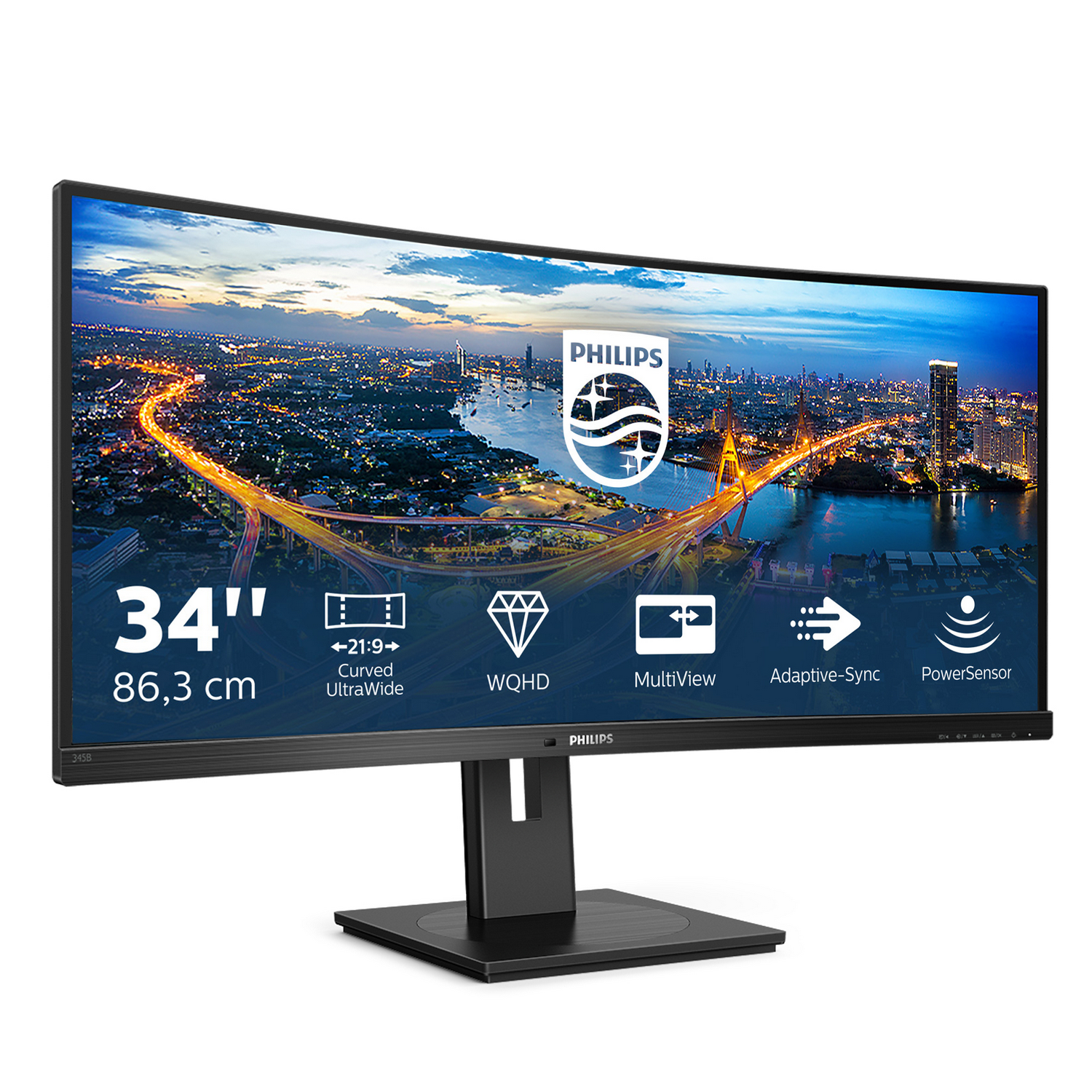 Un monitor curvo ultrawide de 34 pulgadas con resolución WQHD y logo Philips.