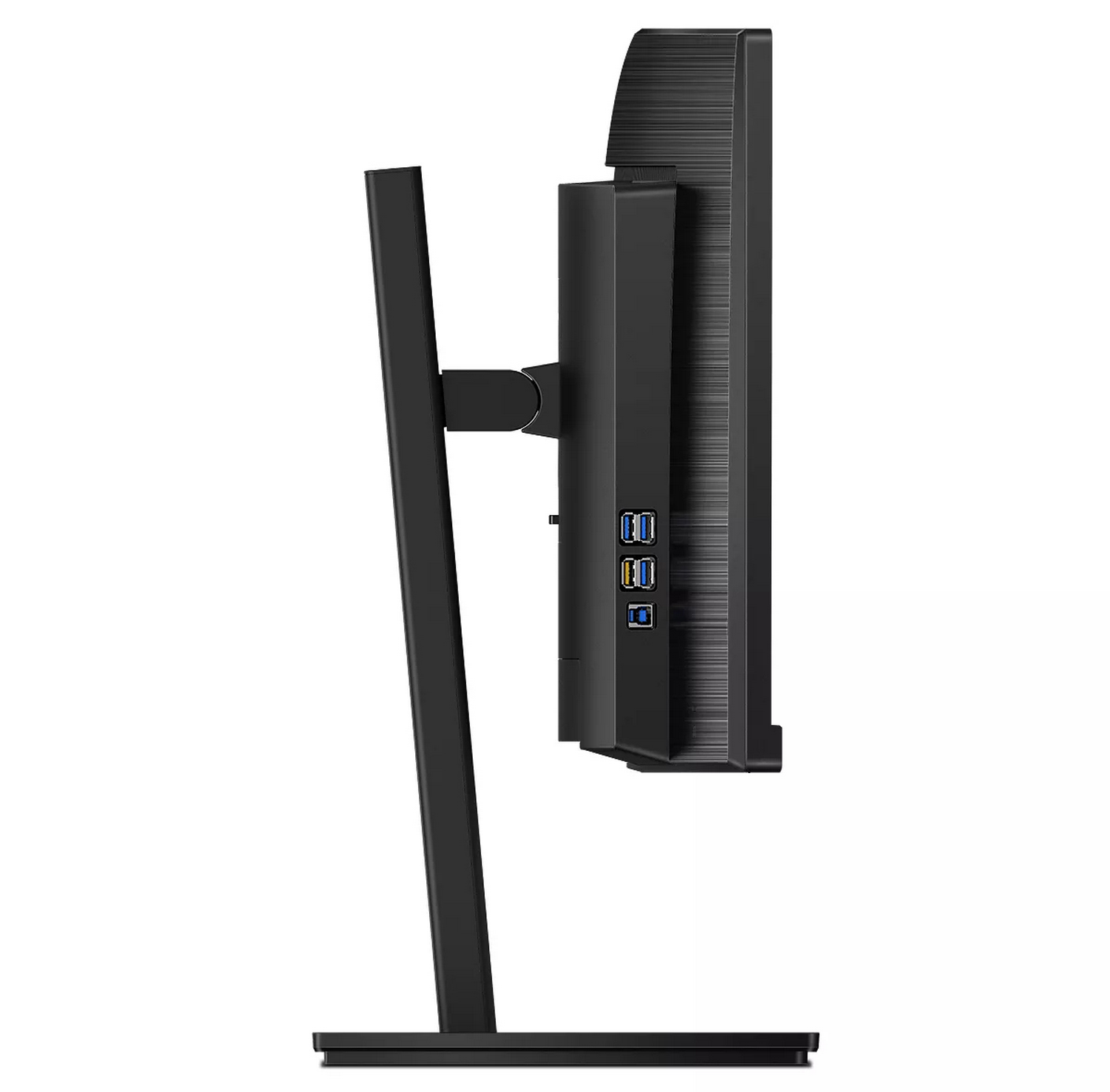 Monitor negro sobre un soporte con puertos USB en la parte trasera.