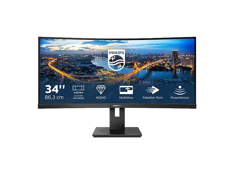 Monitor - Philips 345B1C/00, 34 " UWQHD, 100 Hz, 4 ms, VA, Pantalla UltraWide curva, Altura ajustable, Negro