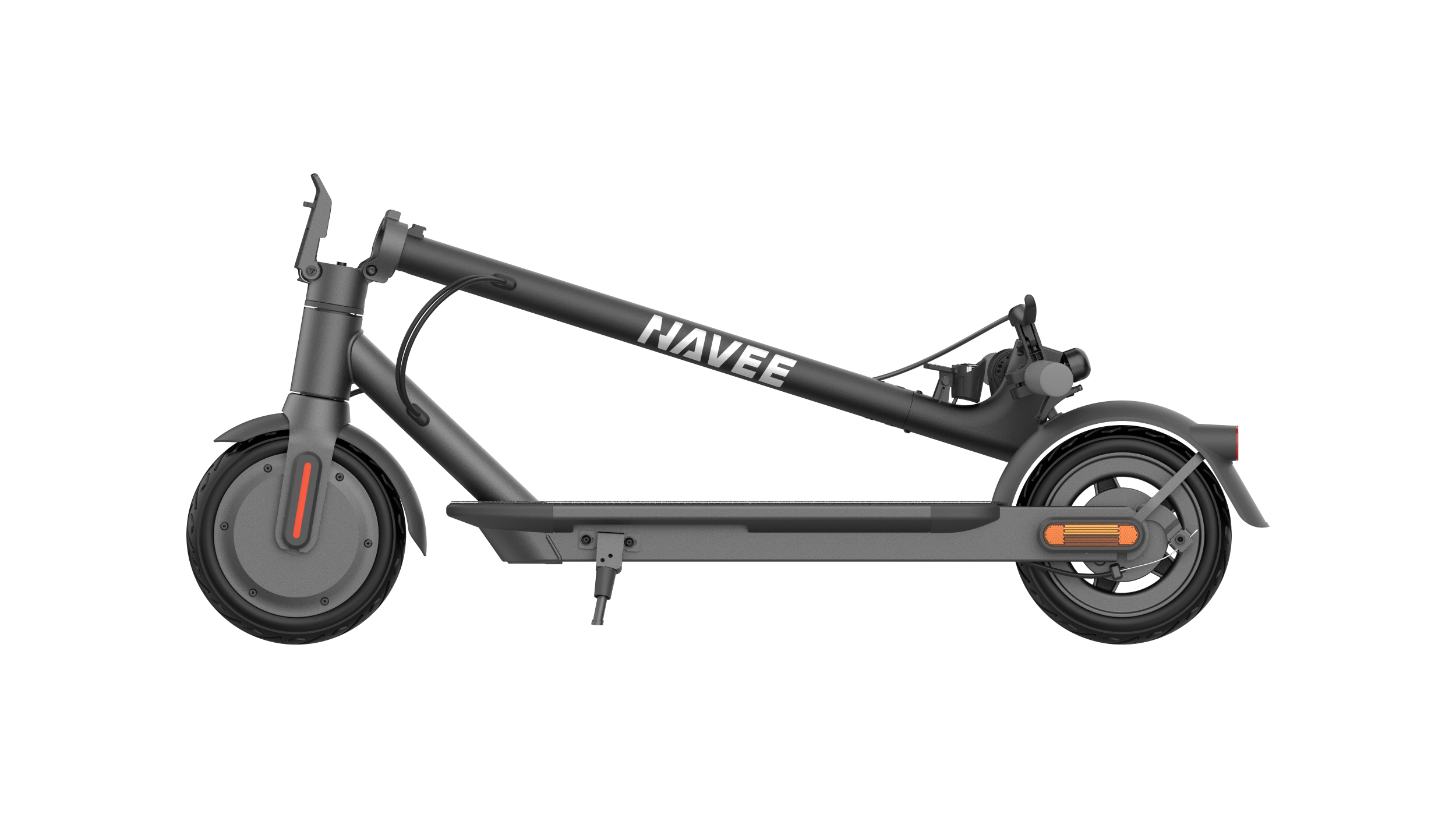 Ein grauer E-Scooter mit dem Schriftzug HAVE im Profil auf weißem Hintergrund.