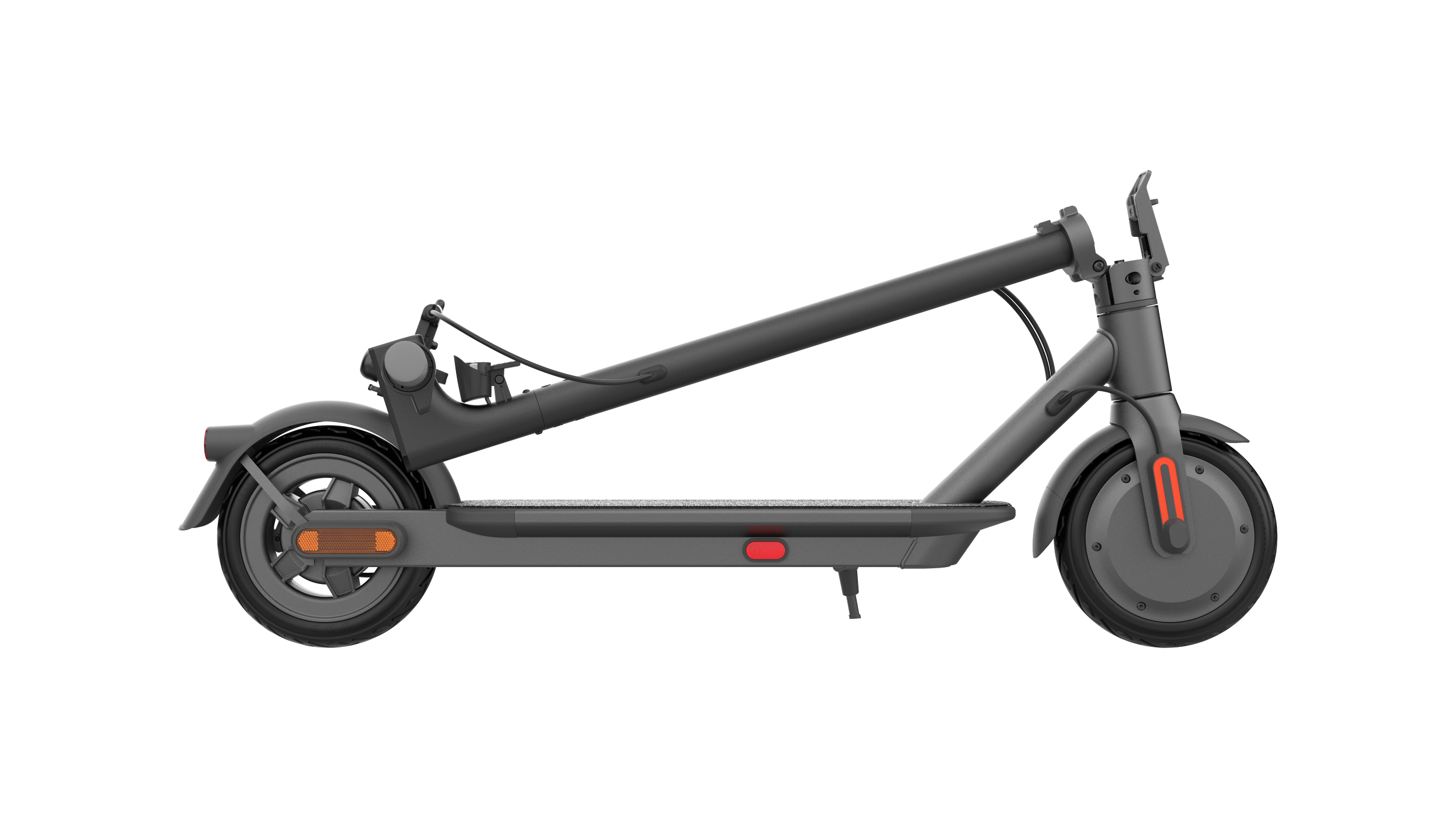 Grauer Elektroroller mit ausgeklapptem Lenker und aufgeklapptem Ständer.