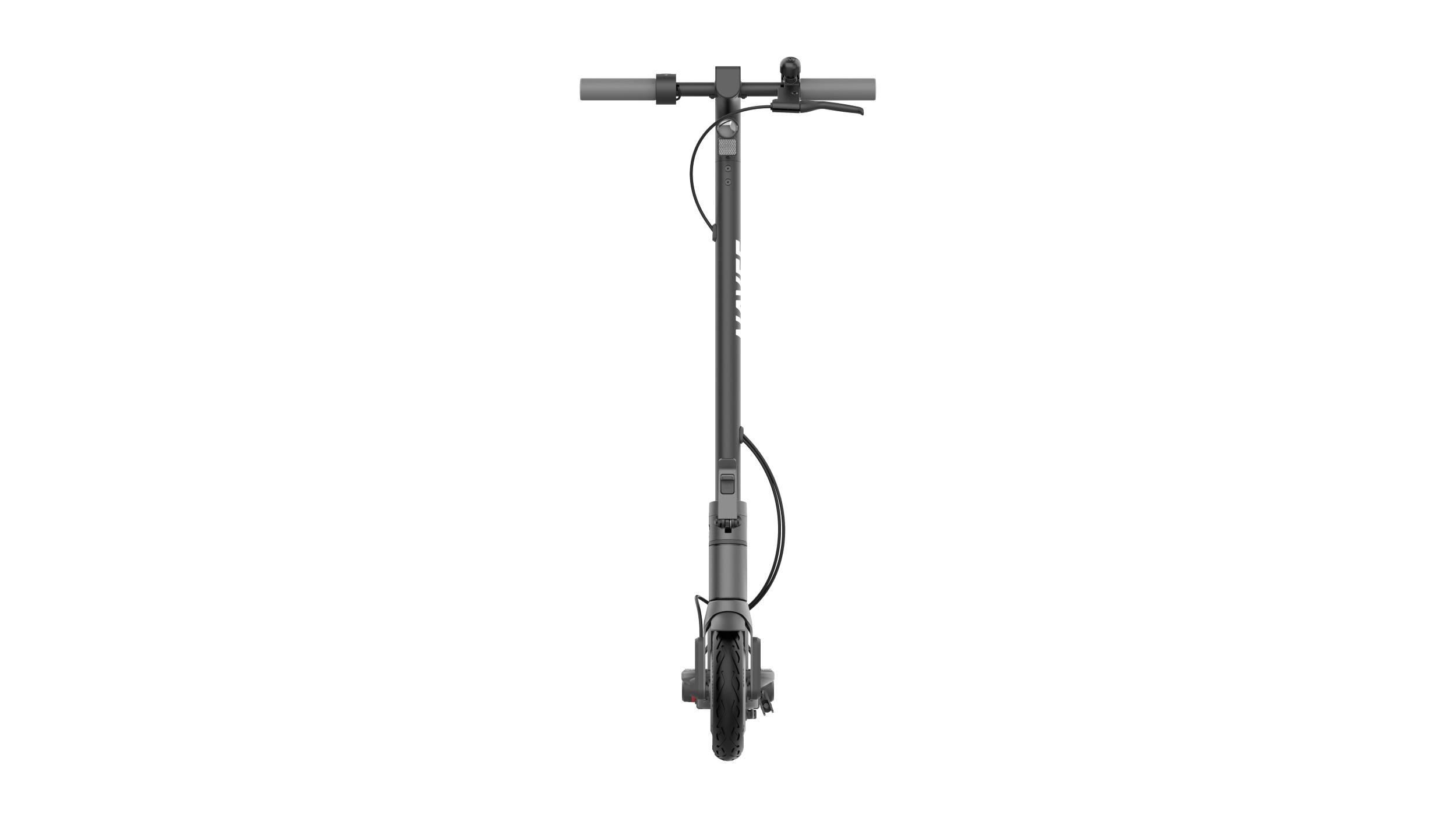 Grauer Elektroroller mit Lenker, Vorder- und Hinterrad auf weißem Hintergrund.