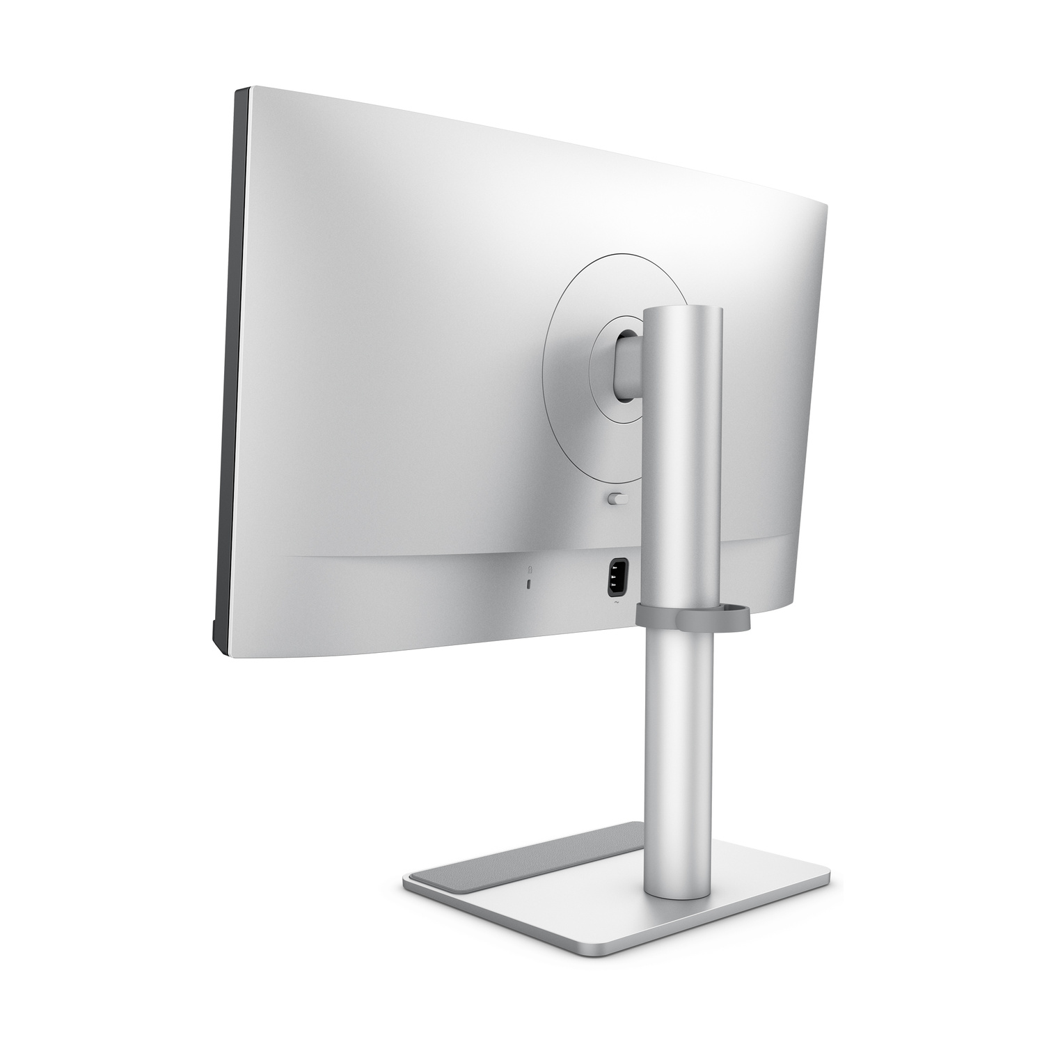 Vista posteriore di un monitor argentato con supporto rotondo e passacavo.