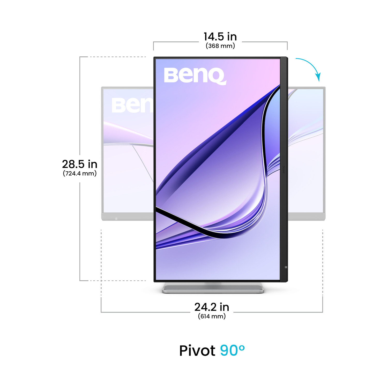 Un monitor BenQ con schermo ruotato di 90 gradi, che mostra le dimensioni.