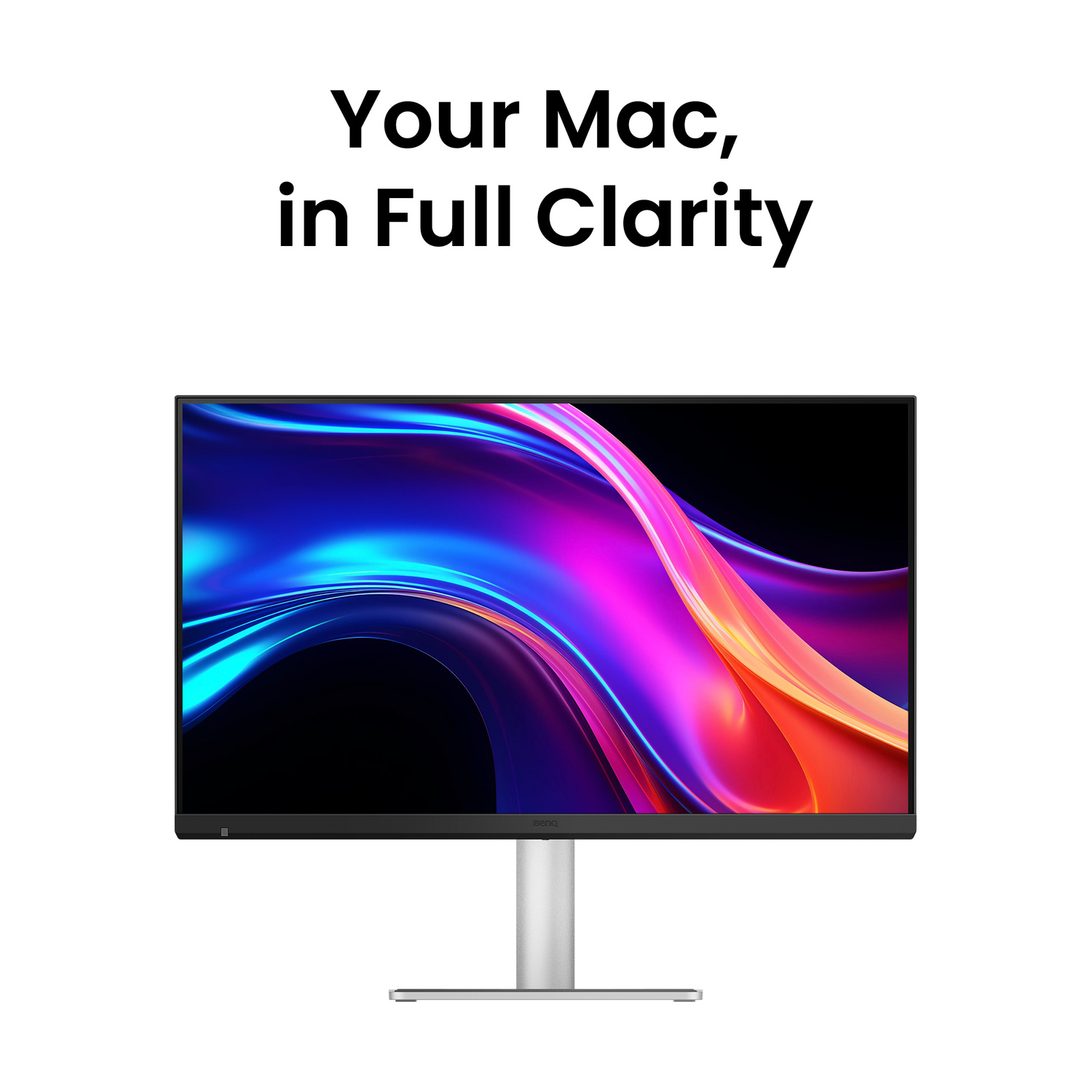 Un monitor moderno con uno sfondo astratto e colorato e il testo "Your Mac, in Full Clarity".