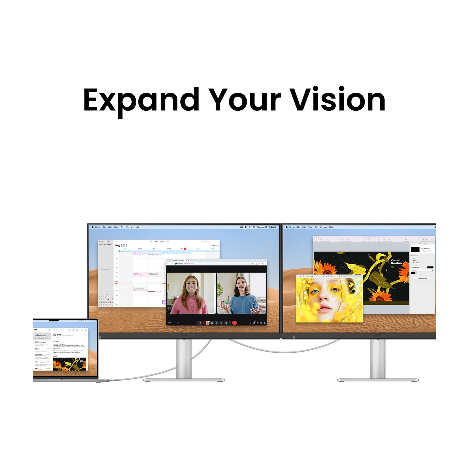 Due monitor e un laptop mostrano app come calendario, videochiamata e software di design.