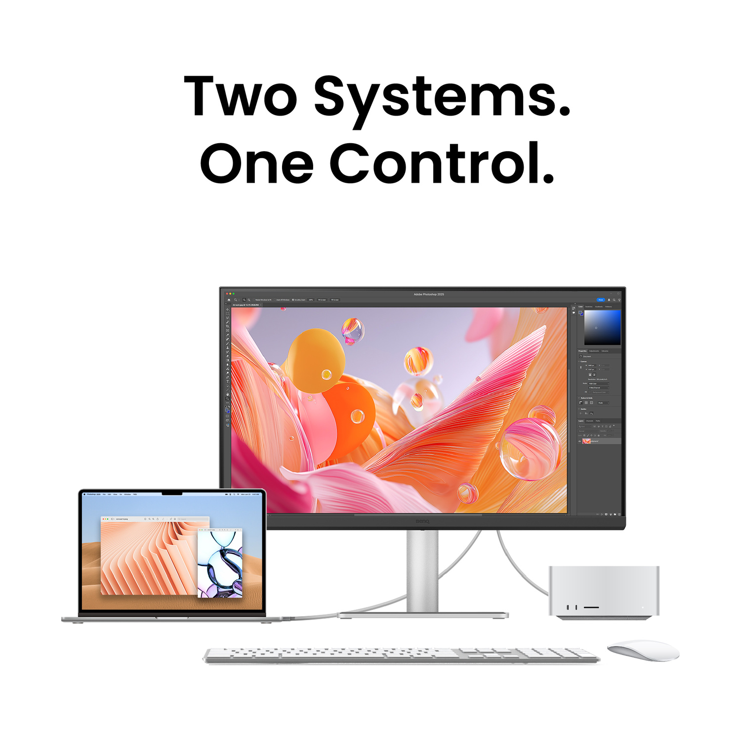Un laptop, monitor, tastiera, mouse e tower del computer sono impostati per il controllo duale.