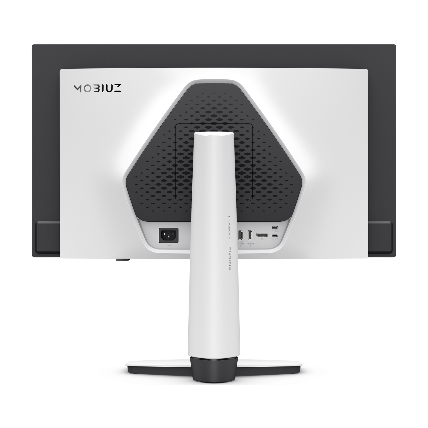 Retro di un monitor bianco con porte e griglia di ventilazione.