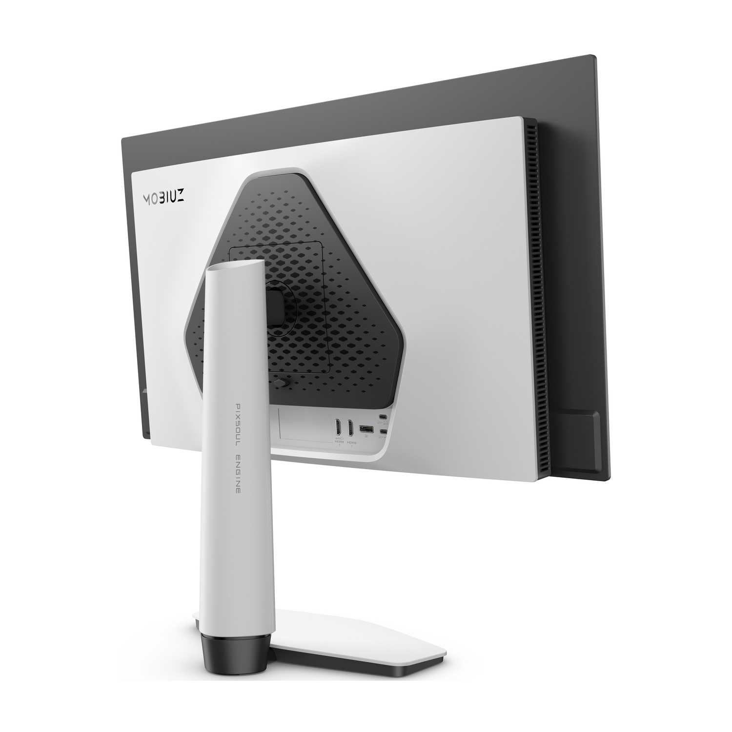 Vista posteriore di un monitor per computer bianco e grigio con porte e supporto.