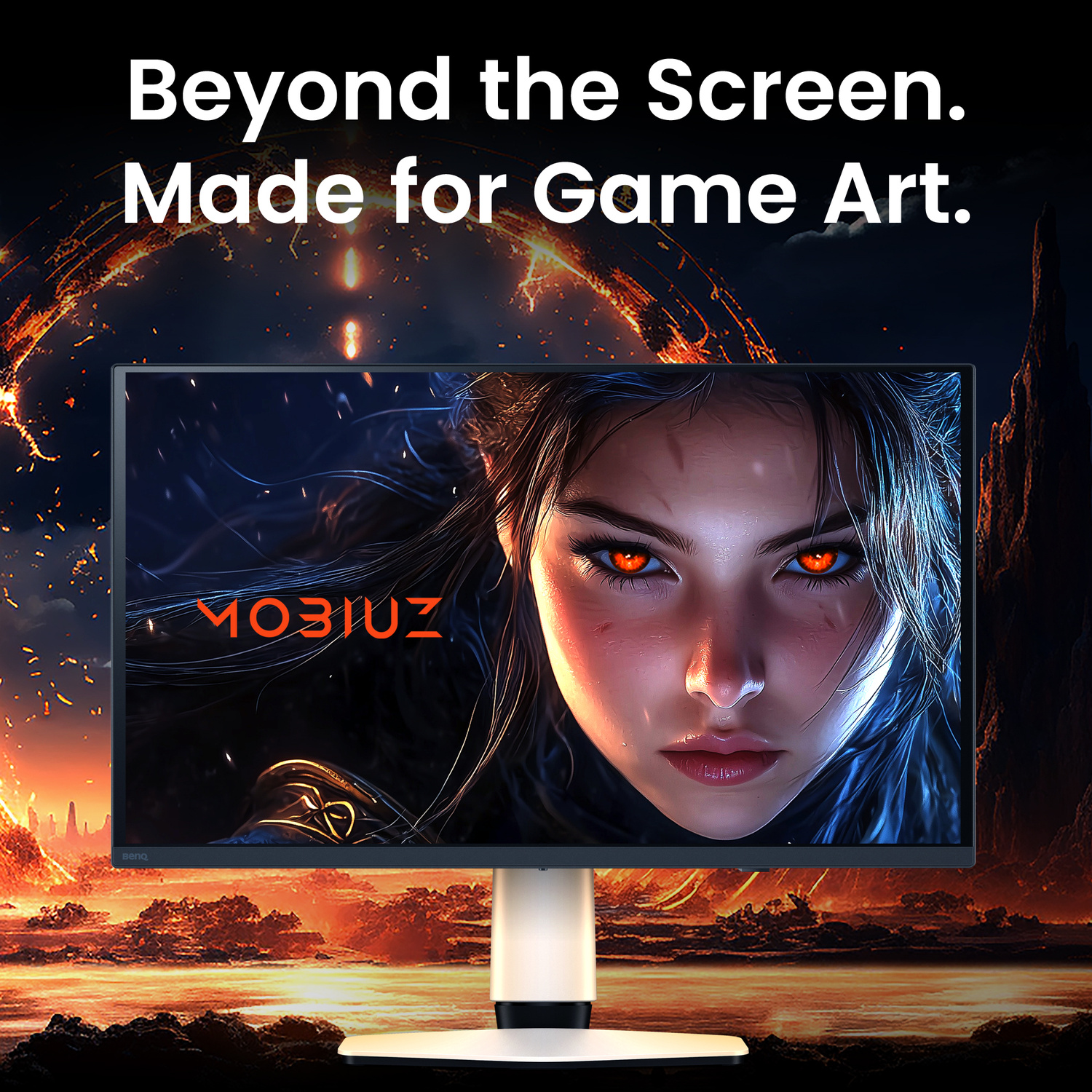 Un monitor mostra un'immagine digitale di una donna con occhi arancioni luminosi. Testo: Beyond the Screen.
