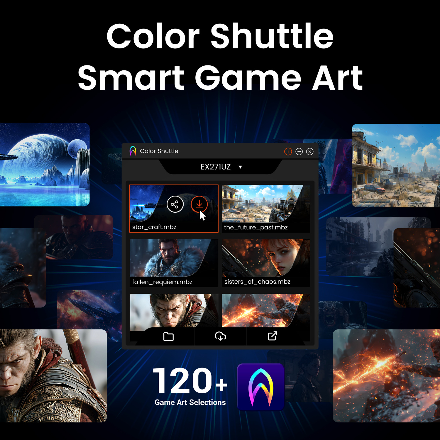 Selezione di opere d'arte per videogiochi visualizzate su uno schermo con il titolo 'Color Shuttle'.