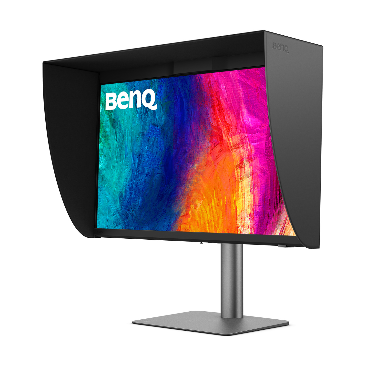 Un monitor BenQ con cappa nera e sfondo colorato.