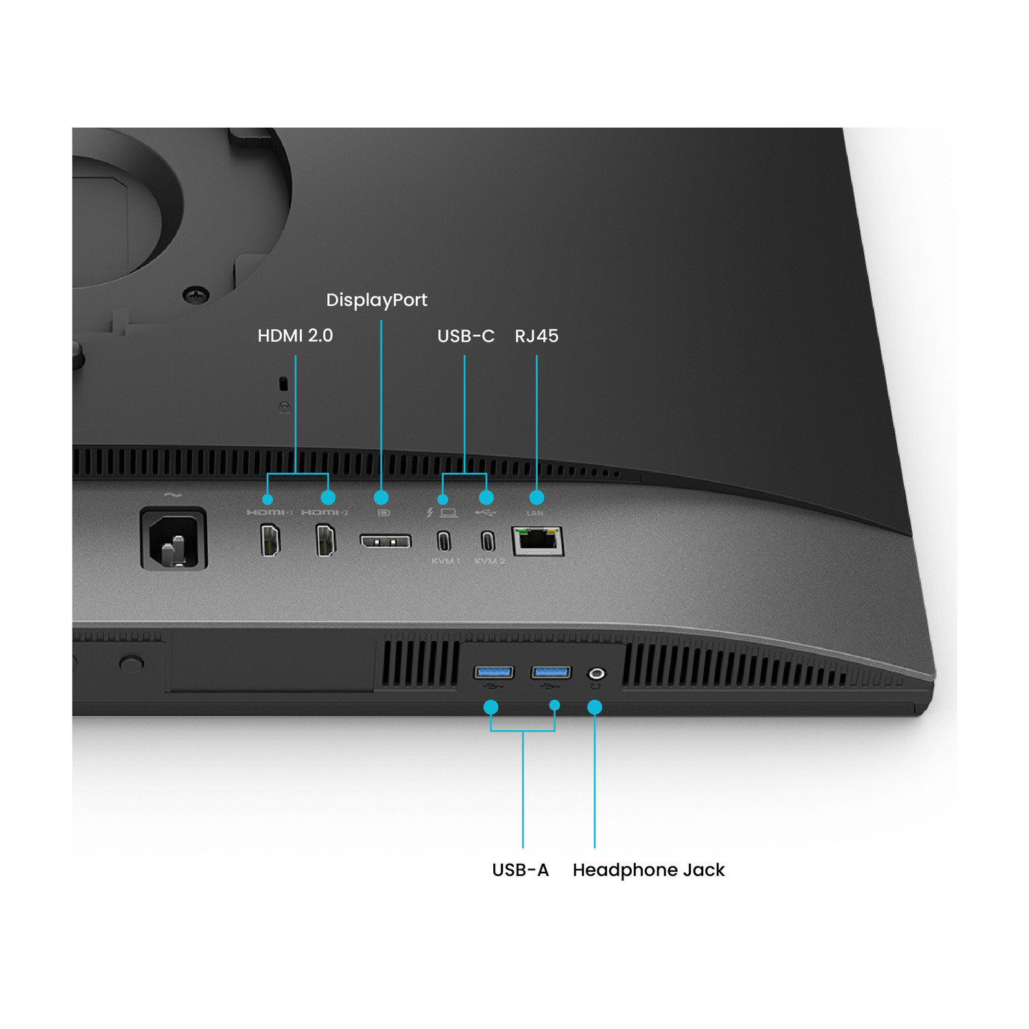 Porte posteriori di un monitor con HDMI, USB-C, DisplayPort, RJ45, USB-A e jack cuffie.