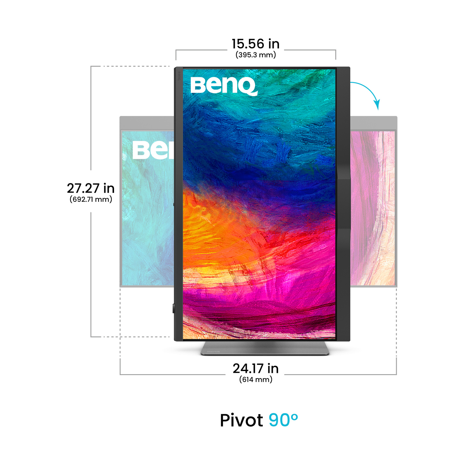 Monitor BenQ con arte astratta colorata. Dimensioni mostrate.