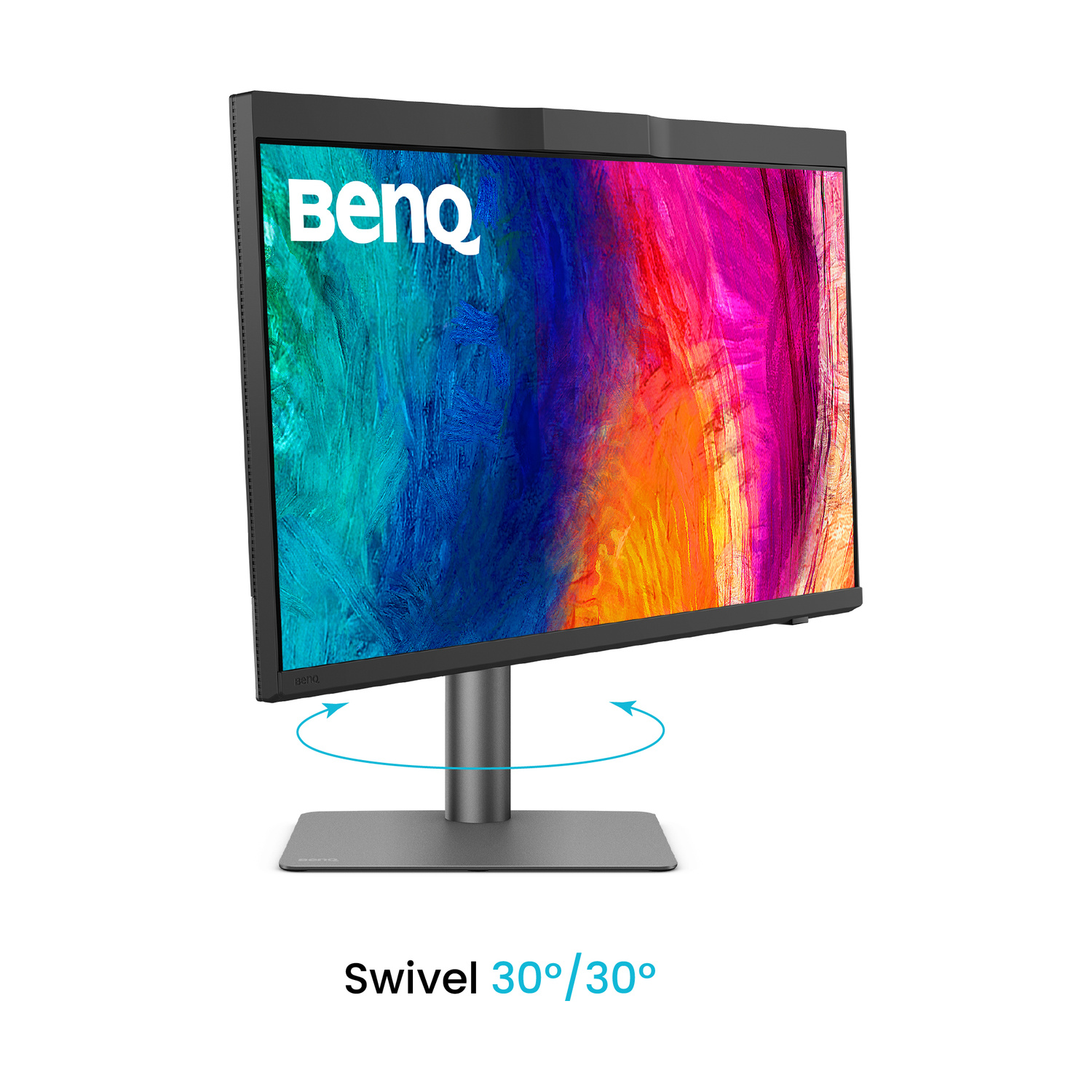 Un monitor BenQ con sfondo astratto colorato, ruotato di 30 gradi.