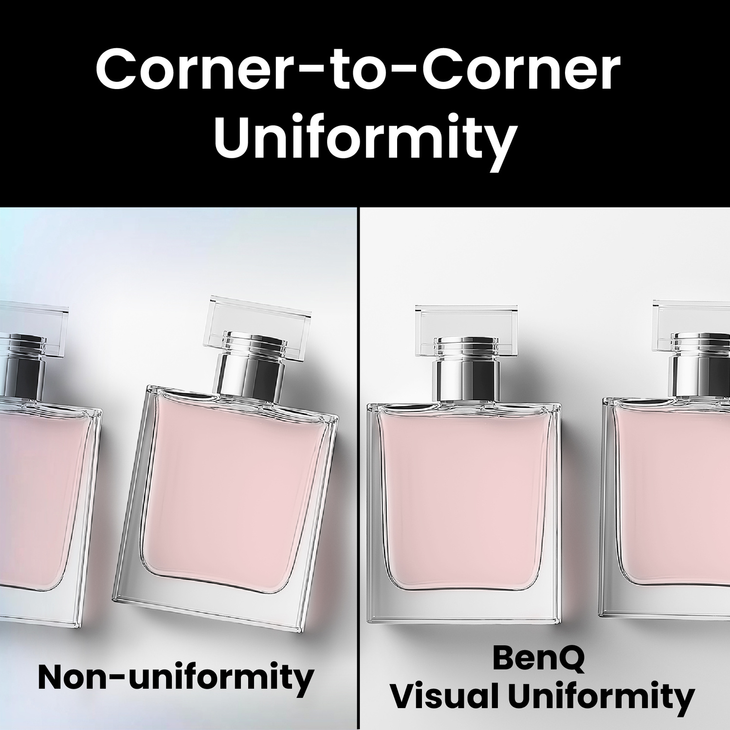 Due boccette di profumo in vetro con liquido rosa. Sinistra non uniforme, destra BenQ visivamente uniforme.