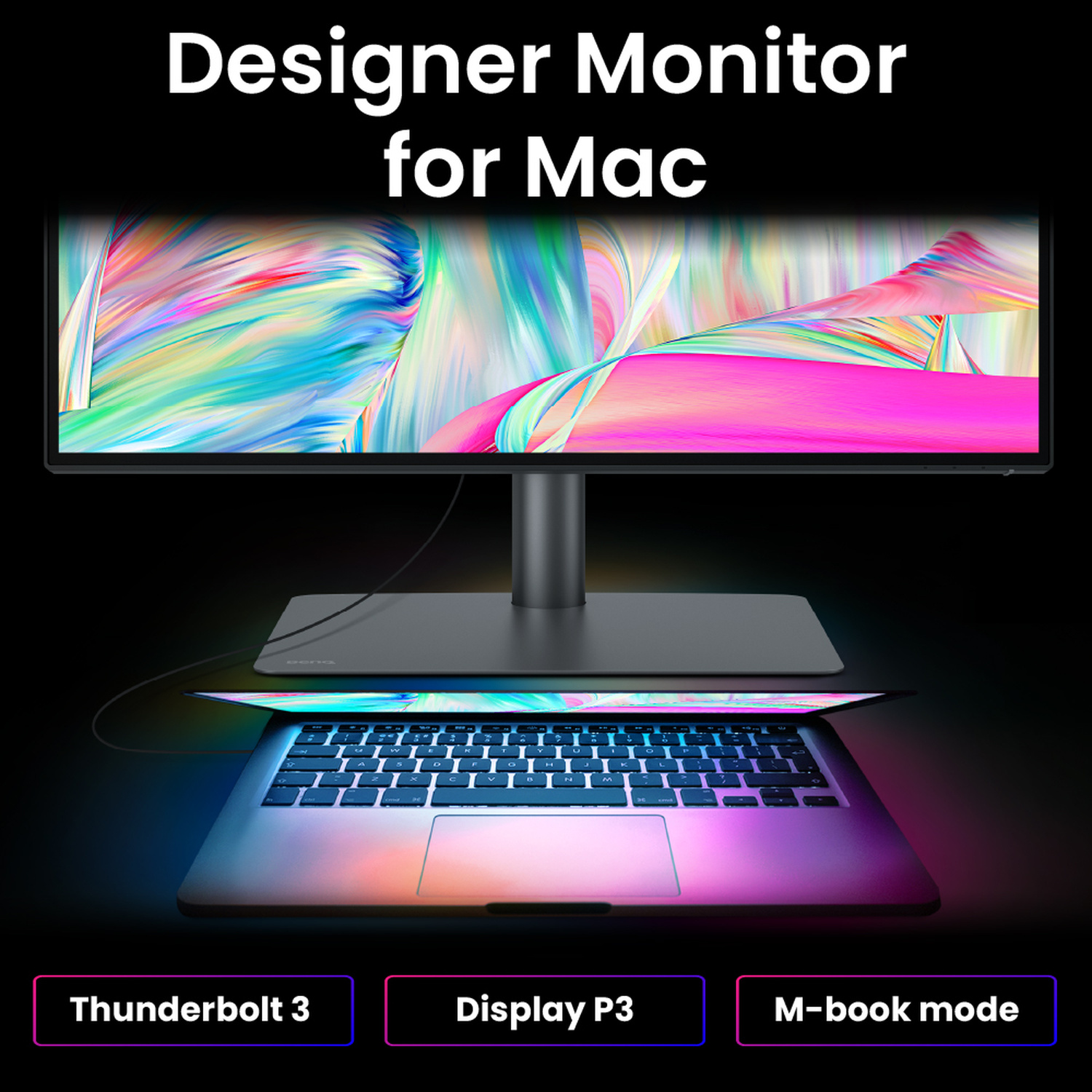 Monitor di design per Mac collegato a un laptop aperto. Display astratto colorato.