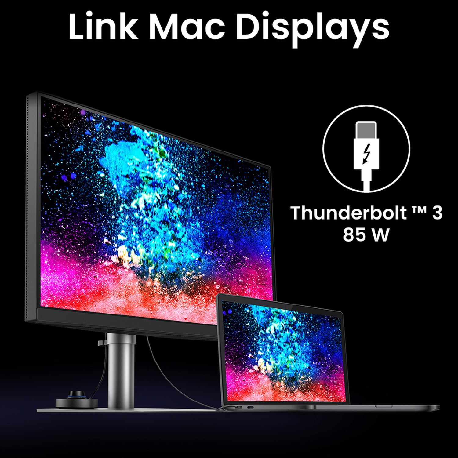 Monitor esterno e laptop mostrano arte astratta colorata. Thunderbolt 3, 85W.