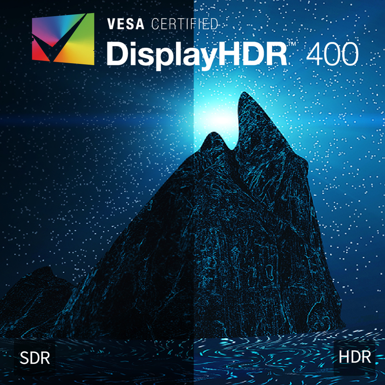Logo VESA DisplayHDR 400 su montagna scura e cielo stellato, confronto SDR/HDR.
